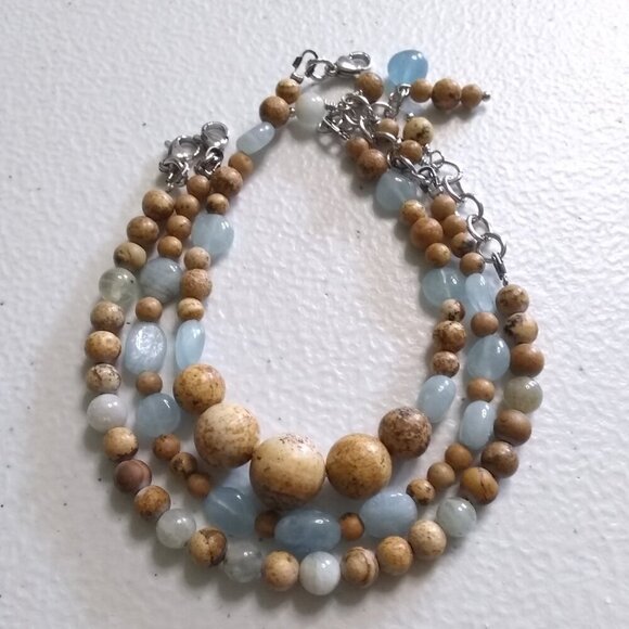 Marvelous 3 Bracelet Set! Aquamarine & Calm Desert Jasper Beads - Adjustable 7"+ - Picture 1 of 13